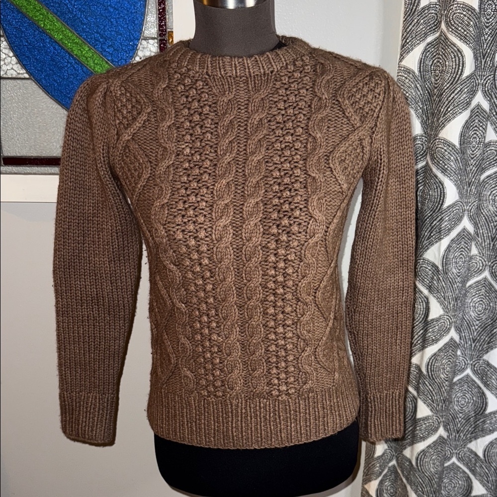 CO Wool Cashmere Blend Mocha Brown Fitted Cable Knit Sweater SZ XS